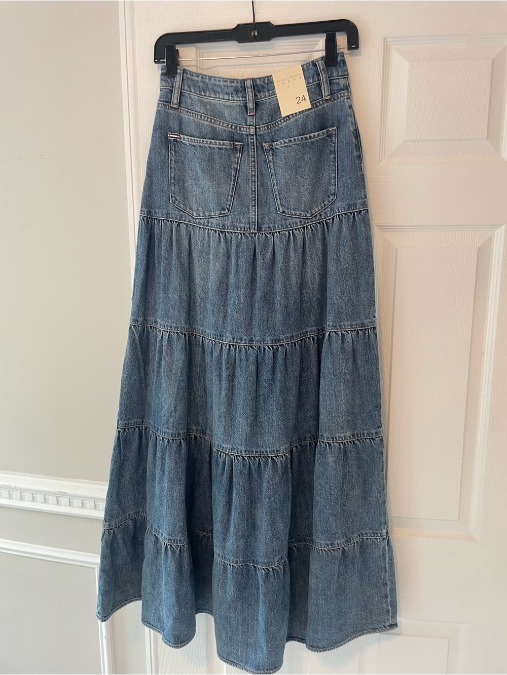 Alice + Olivia Washed Blue Tiered Denim Maxi Skirt - Picture 6 of 7